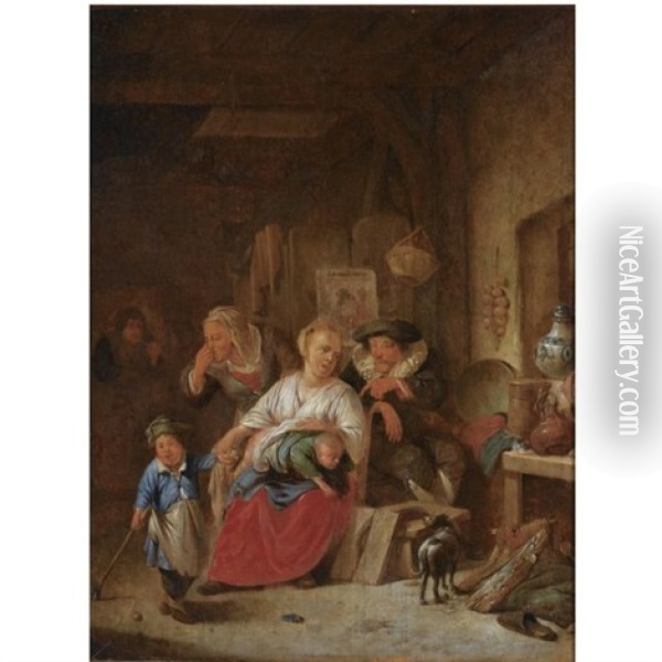 A Barn Interior With A Peasant Family Oil Painting - Cornelis Pietersz Bega