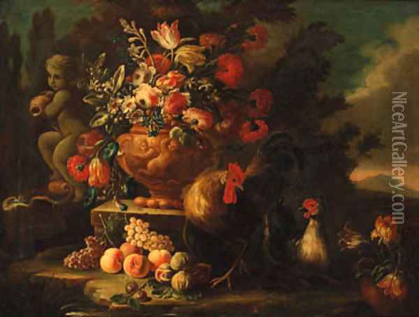 Flowers in an urn on a plinth by a fountain with chickens and fruit in a landscape Oil Painting - Nicola Casissa