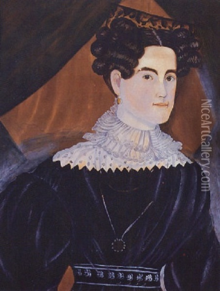 A Dark-haired Lady With Tortoiseshell Comb, Black Dress And White Lace Collar: A Portrait Of Hannah Holbrook Oil Painting - Ruth Whittier Shute