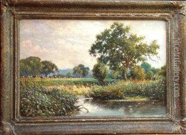Figure On A Bridge In A River Landscape Withcattle Grazing In A Meadow Oil Painting - William Augustus Rixon