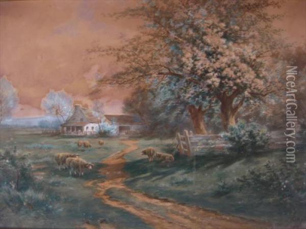 Landscape Of House With Grazing Sheep Oil Painting - Carl Weber