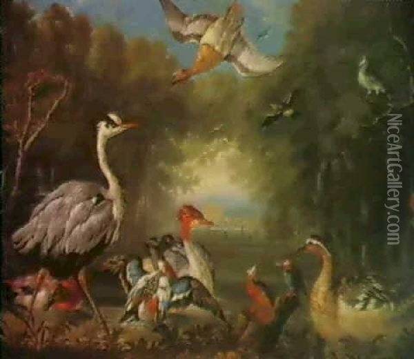 Waterfowl In A River Landscape And A Fox And Poultry In A   Landscape (59 X 89cm.) (2) Oil Painting - Pieter Casteels III