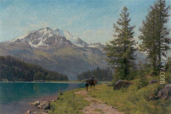 Mand Samt Kone Ridende Ved Vandet, I Baggrunden Sneklaedte Bjerge Oil Painting - August Fischer