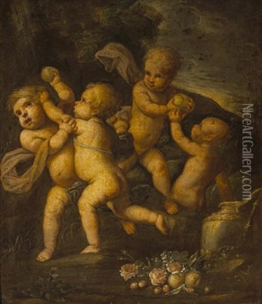 Putti Fighting In A Landscape Oil Painting - Pasquale de' Rossi