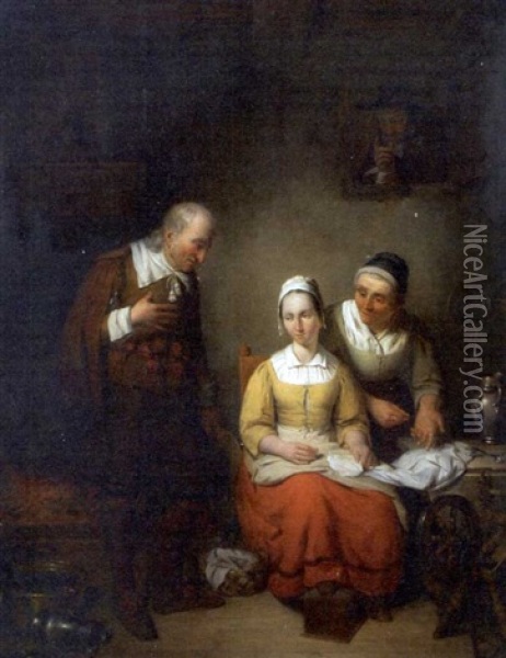 A Seamstress Chastised By Her Parents Oil Painting - Ferdinand de Braekeleer the Younger