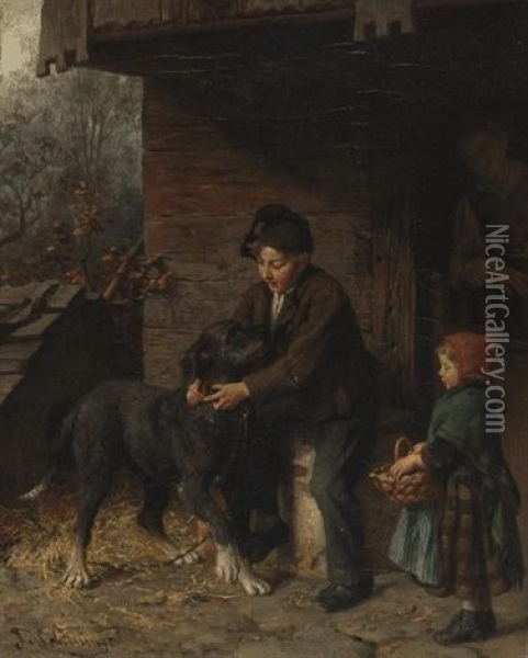 Mit Einem Hund Spielende Kinder Oil Painting - Felix Schlesinger