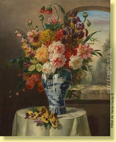 Vase De Delft Fleuri Devant Une Fenetre Oil Painting - Charles Euphrasie Ruperti