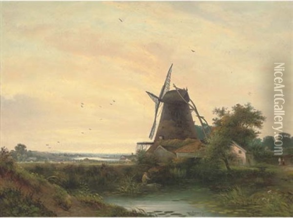The Estuary (+ The Windmill; Pair) Oil Painting - William Henry Crome