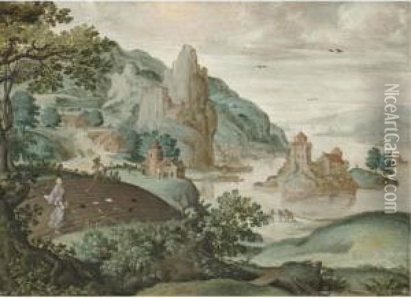 A Mountainous River Landscape With The Parable Of The Sewing Of The Tares Oil Painting - Cornelis Massys