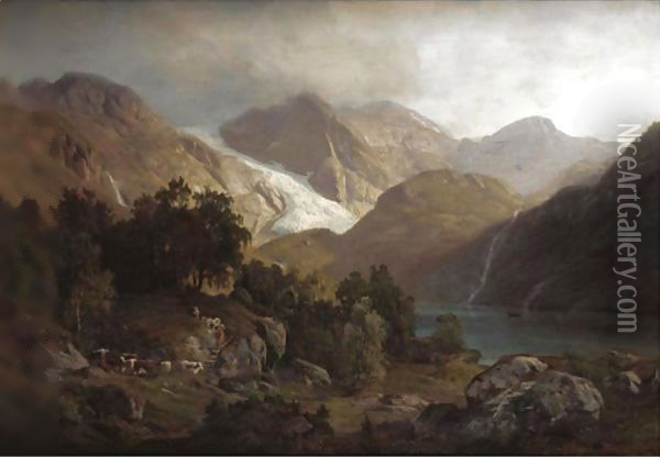Figures And Cattle In A Mountainous Landscape Oil Painting - Alessandro Castelli
