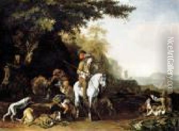 An Extensive Landscape With A 
Hunting Party Resting By A Water Trough And A Sportsman Shooting Oil Painting - Abraham Hondius