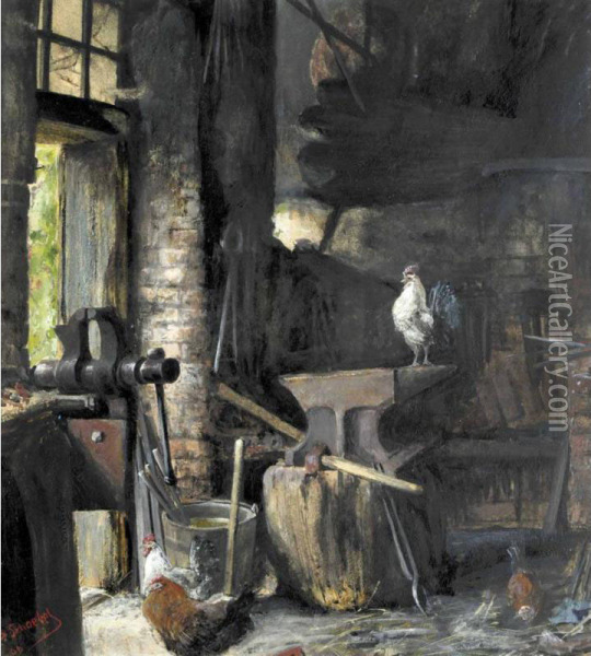 The Blacksmith's Shop Oil Painting - Georg Schobel