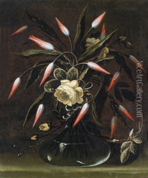 Tulpen Und Rosen In Einer Glasernen Vase - Tulipani E Rose Gialle In Un Vaso Di Vetro Oil Painting - Francesco (Cecco Bravo) Montelatici