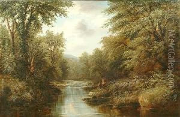 View On The River Wharfe, Below Ben Rhydding, Nr. Ilkley, Yorkshire Oil Painting - John Mellor