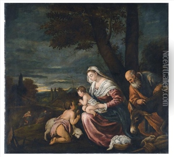 The Holy Family With Saint John The Baptist, The Flight Into Egypt Beyond Oil Painting - Jacopo dal Ponte Bassano