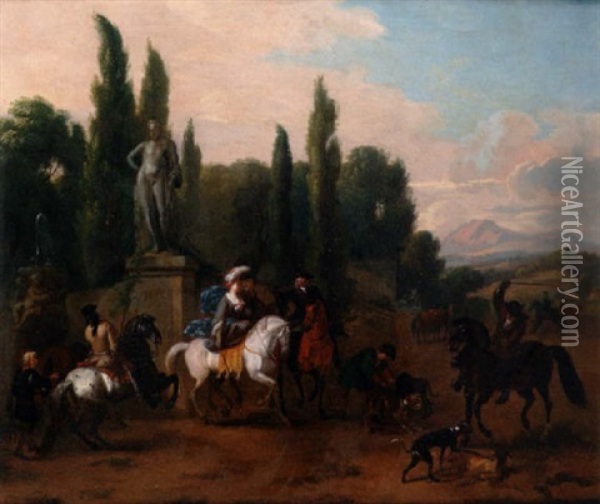 An Elegant Hunting Party In A Park Landscape Oil Painting - Dirk Maes
