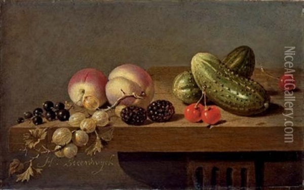 Peaches, Gherkins, Blackberries, Cherries, Gooseberries And Blackcurrants On A Stone Ledge Oil Painting - Harmen Steenwyck