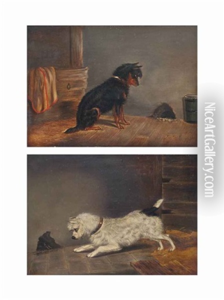 Watching For The Mouse And Nearly Got Him! (pair) Oil Painting - Edwin (of Bath) Loder