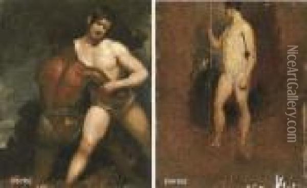The Wrestlers (recto); And A Study Of A Man With A Staff (verso) Oil Painting - William Etty