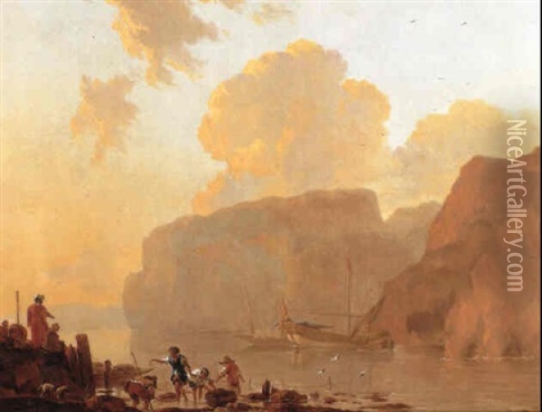 A Mediterranean Coastal Inlet At Sunset With Fishermen At The Shore Oil Painting - Jan Asselijn