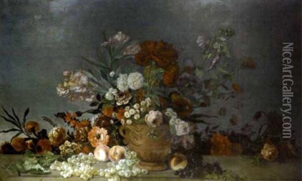 Nature Morte De Fleurs Et De Fruits Sur Un Entablement Oil Painting - Louis Belanger