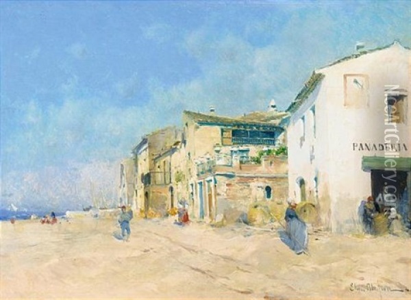 Pueblo Costero (a Coastal Village) Oil Painting - Eliseo Meifren y Roig