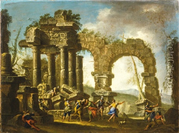 A Pair Of Architectural Capriccios With Figures Oil Painting - Tommaso Formenti