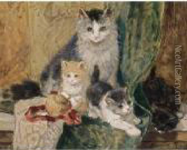 A Mother With Her Playful Kittens Oil Painting - Henriette Ronner-Knip