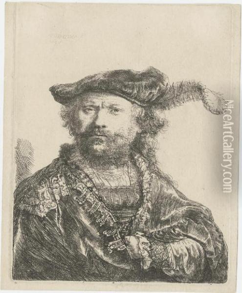 Self-portrait In A Velvet Cap With Plume (b. Holl. 20; H. 20) Oil Painting - Rembrandt Van Rijn