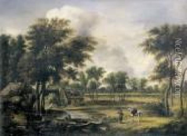 Landschaft Mit Bauernhausern Und Weiher. Oil Painting - Meindert Hobbema