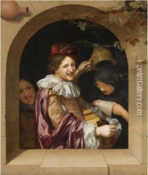 A Hurdy-gurdy Player With An Old Woman Singing And A Mocking Youth Oil Painting - Johannes, Jan Tilius