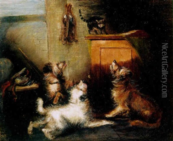 Three Dogs And A Cat In A Cottage Interior Oil Painting - George Armfield