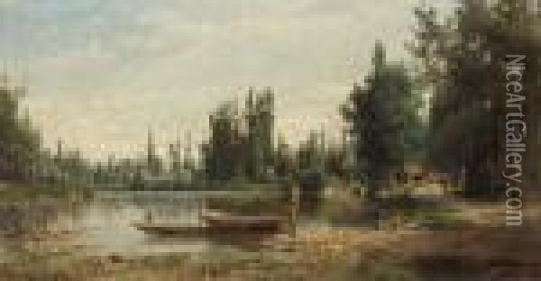 Flusslandschaft Oil Painting - Karl Girardet
