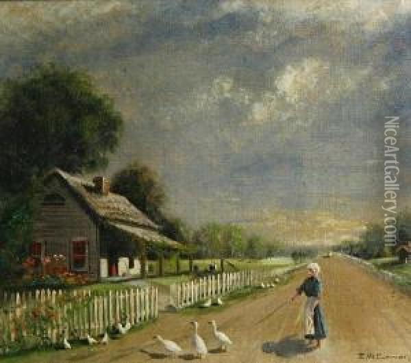 Cottage Scene With A Girl Tending Ducks Oil Painting - Edward Wilson Currier