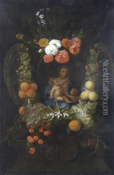 Guirlande De Fleurs Et De Fruits Entourant La Vierge A L'enfant Avec Saint Jean-baptiste Oil Painting - Jacob Fopsen van Es
