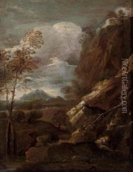 A Hermit In An Extensive Mountainous Landscape Oil Painting - Pietro Montanini
