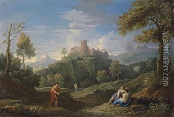 An Extensive Mountainous Landscape With Figures On A Path, A Castle Beyond Oil Painting - Jan Frans Van Bloemen (Orizzonte)