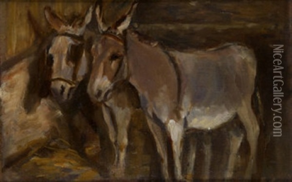 Donkeys In The Stable (+ Donkey Study, Verso) Oil Painting - Sarah Henrietta Purser