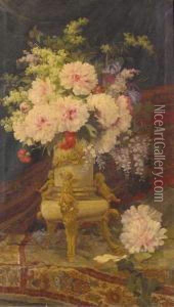 Summer Flowers In An Ormolu Mounted Vase Oil Painting - Aurelio Tolosa Y Alsina