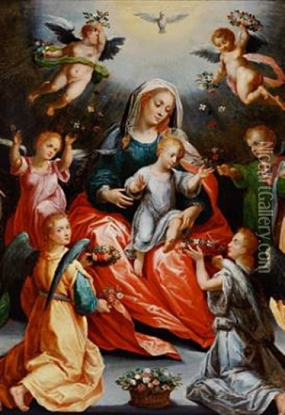The Virgin Mary And The Child Flanked By St. Barbara And St. Catherine Of Alexandria Both With Their Attributes, Little Angels Are Strewing Flowers Oil Painting - Hans Rottenhammer the Elder