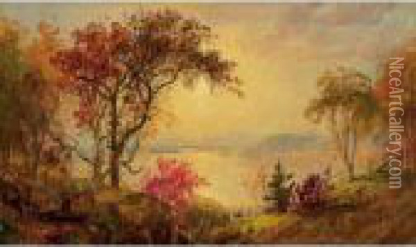 Lake Scene With Hikers In Vale Oil Painting - Jasper Francis Cropsey