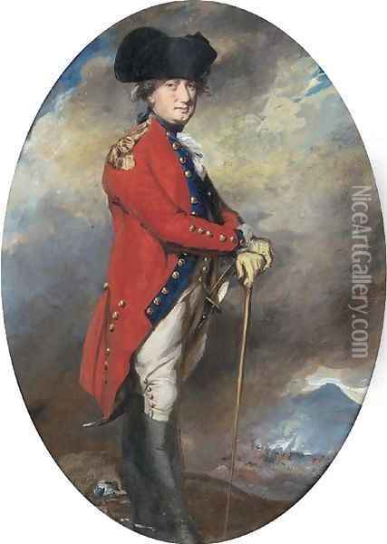 Portrait of Charles, 1st Marquis Cornwallis (1738-1805), small full-length, in uniform, leaning on a cane, in a landscape with a battle beyond Oil Painting - Daniel Gardner