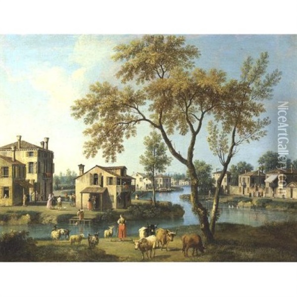 View Of A Town In The Veneto (+ Another Similar; Pair) Oil Painting - Giovanni Battista Cimaroli