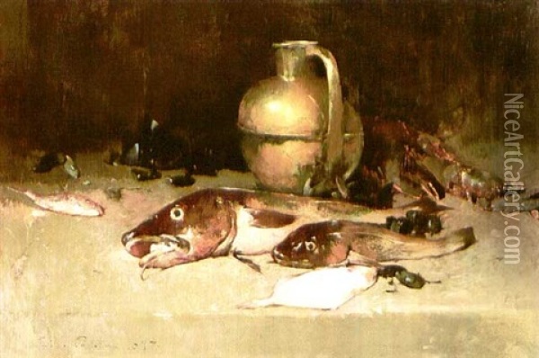 Still Life With Fish Oil Painting - Emil Carlsen