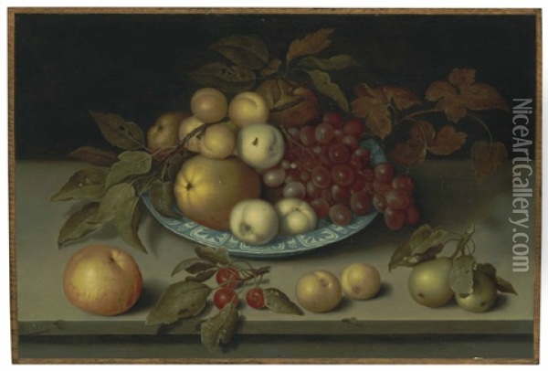 Peaches, Apples, Apricots And Grapes In A Wan Li Bowl With Cherries, Pears, Apricots And An Apple On A Ledge Oil Painting - Ambrosius Bosschaert the Elder