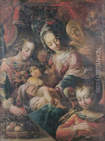 La Sainte Famille Et Saint Anne Entouree D'anges Oil Painting - Georges Lallemant