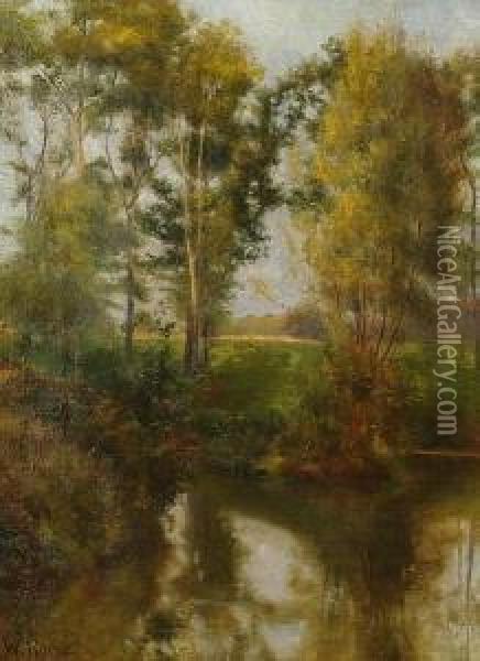 A Wooded River Landscape Oil Painting - A. Roche