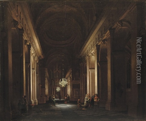 A Classical Church Interior With Elegant Figures Conversing By Candlelight Oil Painting - Daniel de Blieck