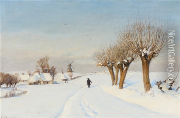 A Snowcovered Landscape With A Man Walking Along A Country Road Edged With Poplars Oil Painting - Hans Andersen Brendekilde