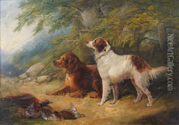 Two Sporting Dogs In A Landscape Oil Painting - George Armfield